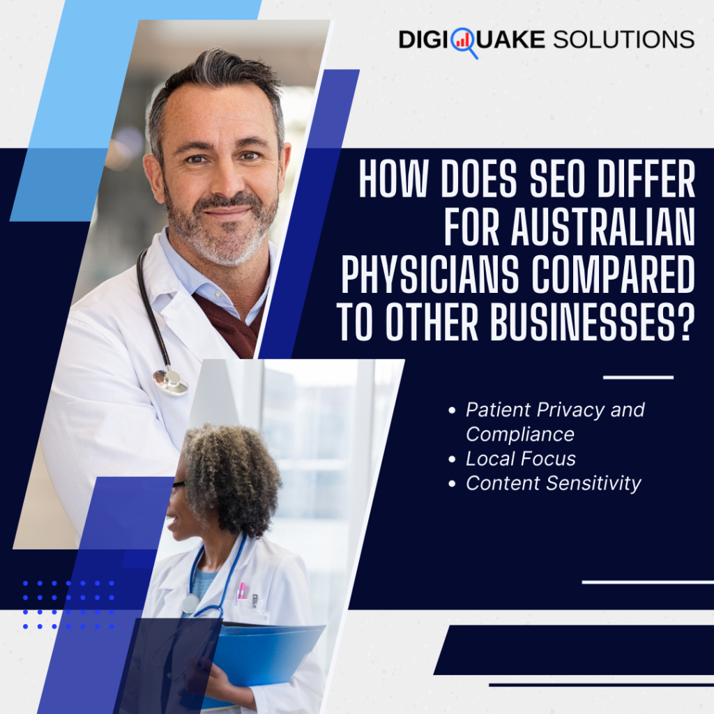 A male doctor smiling and a female doctor holding a clipboard, with the text "How Does SEO Differ for Australian Physicians Compared to Other Businesses?"