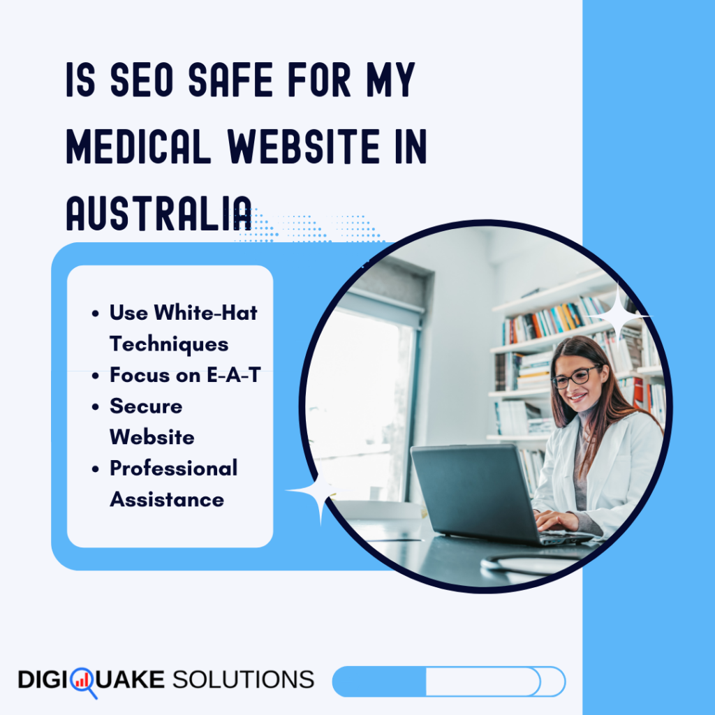 A graphic discussing the safety of SEO for medical websites in Australia, featuring a doctor working on a laptop with text on a blue and white background.