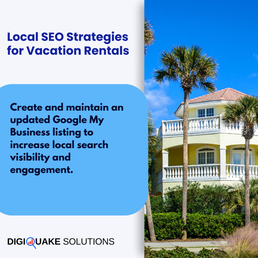 A large vacation rental property surrounded by palm trees under a bright blue sky, with the text "Local SEO Strategies for Vacation Rentals".