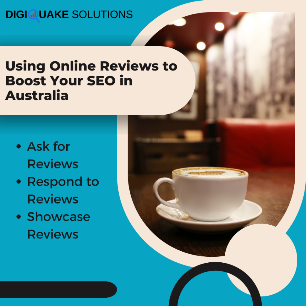 A promotional image by DigiQuake Solutions featuring a coffee cup on a table, highlighting tips on using online reviews to boost SEO in Australia.