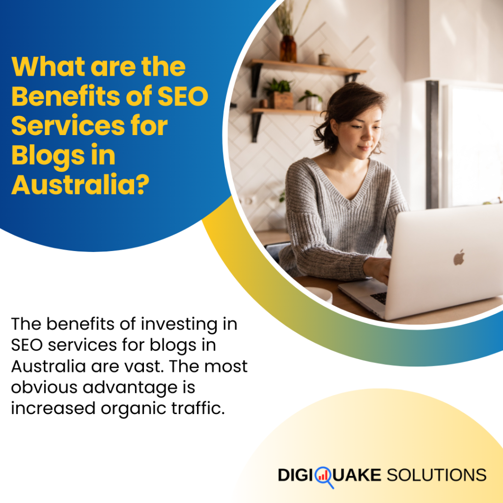 A promotional graphic from DigiQuake Solutions titled "What are the Benefits of SEO Services for Blogs in Australia?"