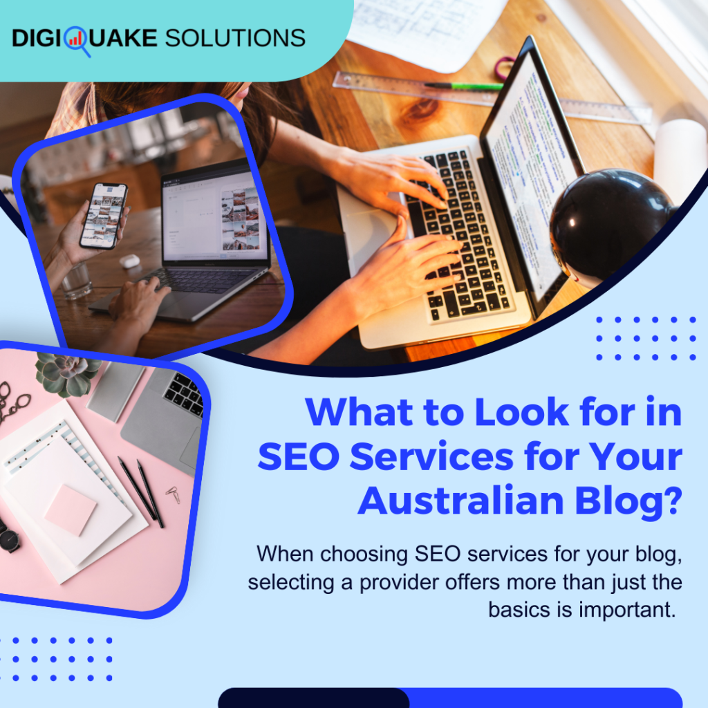 The image includes people working on laptops and smartphones, with the main headline reading, "What to Look for in SEO Services for Your Australian Blog?"