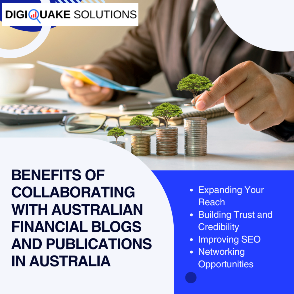 Graphic illustrating the benefits of collaborating with Australian financial blogs and publications, showing a person stacking coins with small trees growing on top, symbolizing financial growth.