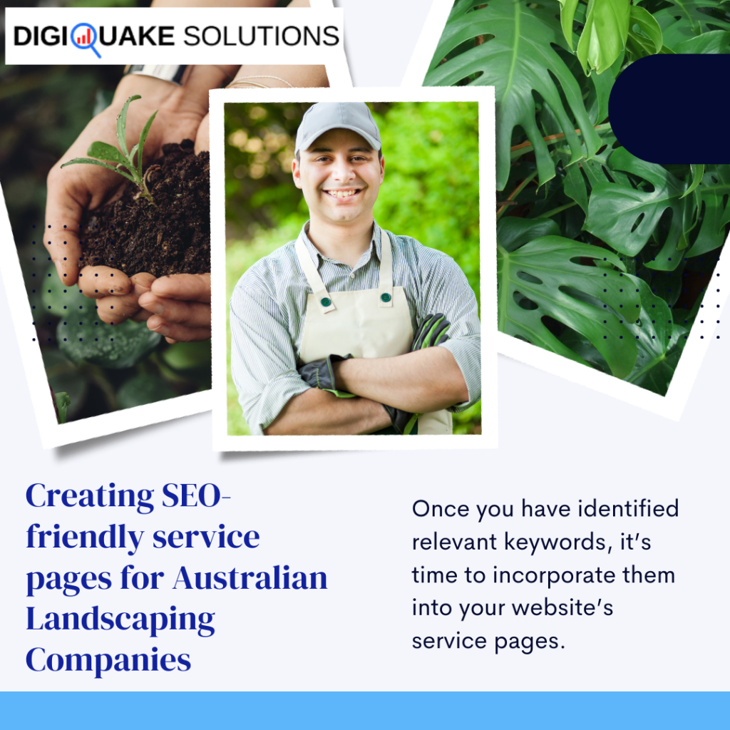 A digital graphic titled "Creating SEO-friendly service pages for Australian Landscaping Companies" by DigiQuake Solutions.