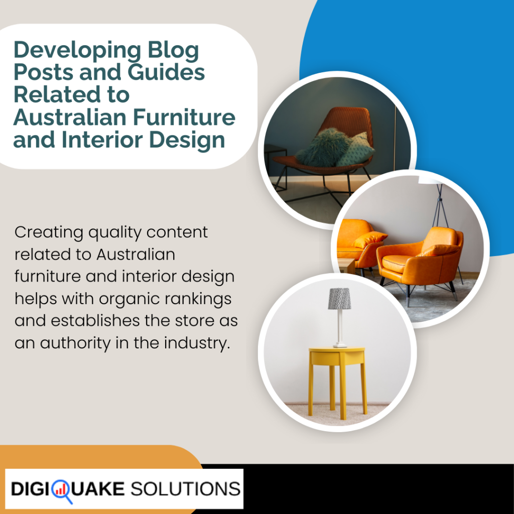 Graphic on creating blog posts and guides for Australian furniture and interior design, featuring stylish furniture pieces like chairs and a side table with a lamp.