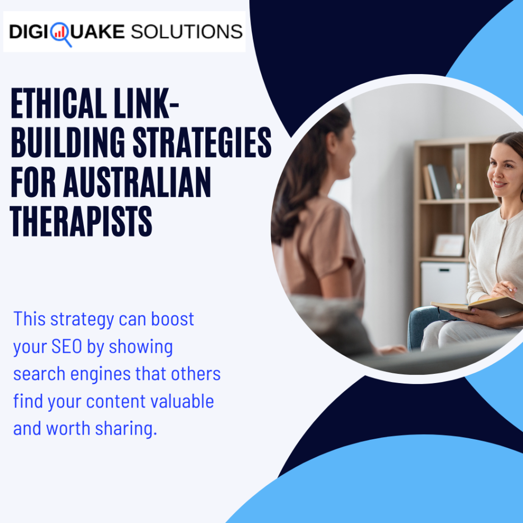 A digital graphic with the title "Ethical Link-Building Strategies for Australian Therapists," featuring two women in a therapy session.