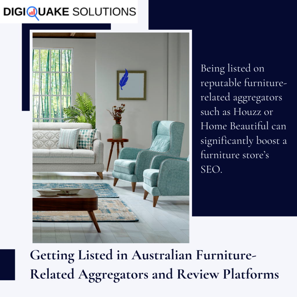 A digital graphic titled "Getting Listed in Australian Furniture-Related Aggregators and Review Platforms,".