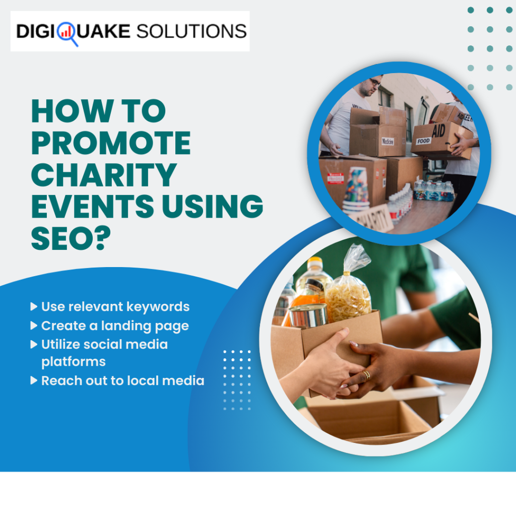 Graphic on promoting charity events using SEO, featuring images of aid boxes and a person handing a food package to another.