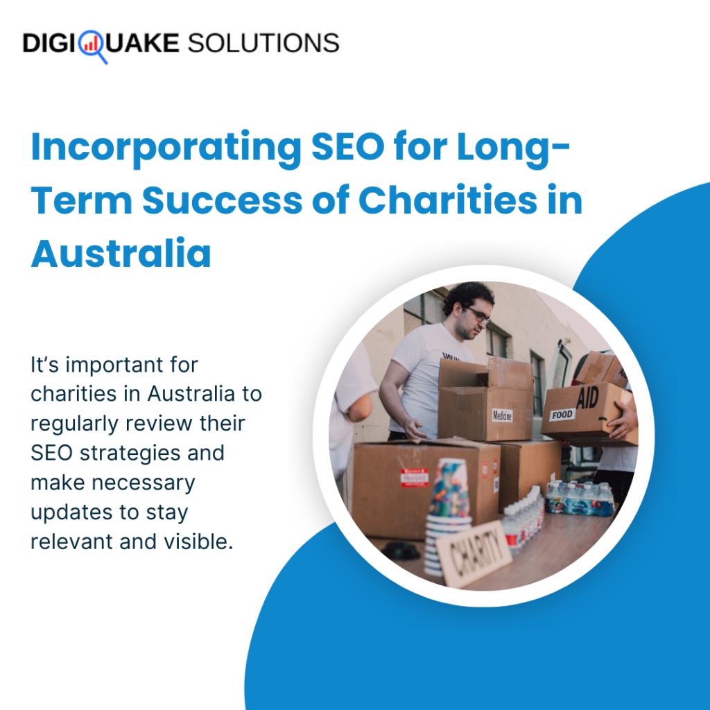 Image promoting SEO for long-term success of charities in Australia, featuring people organizing aid boxes with labels like 'Food' and 'Medicine'.