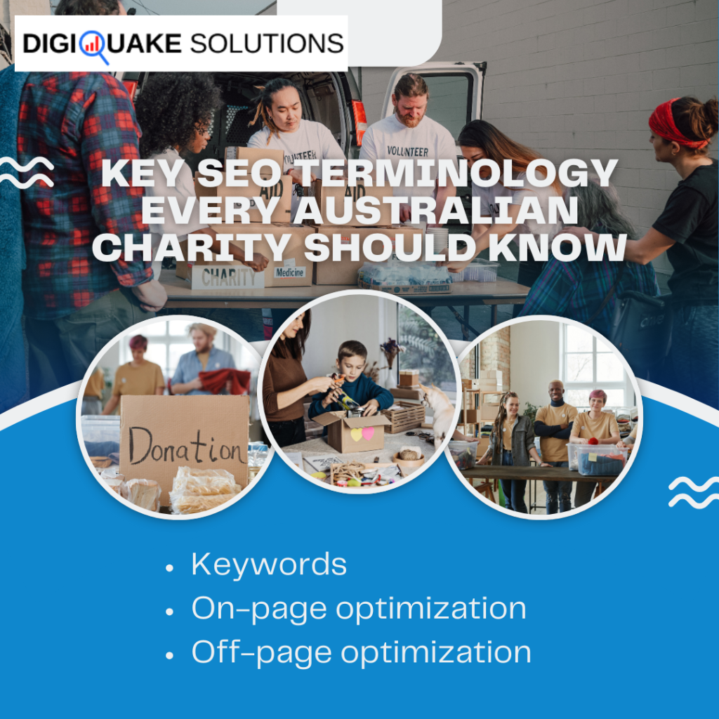 A group of volunteers organizes donation items with "Key SEO Terminology Every Australian Charity Should Know"