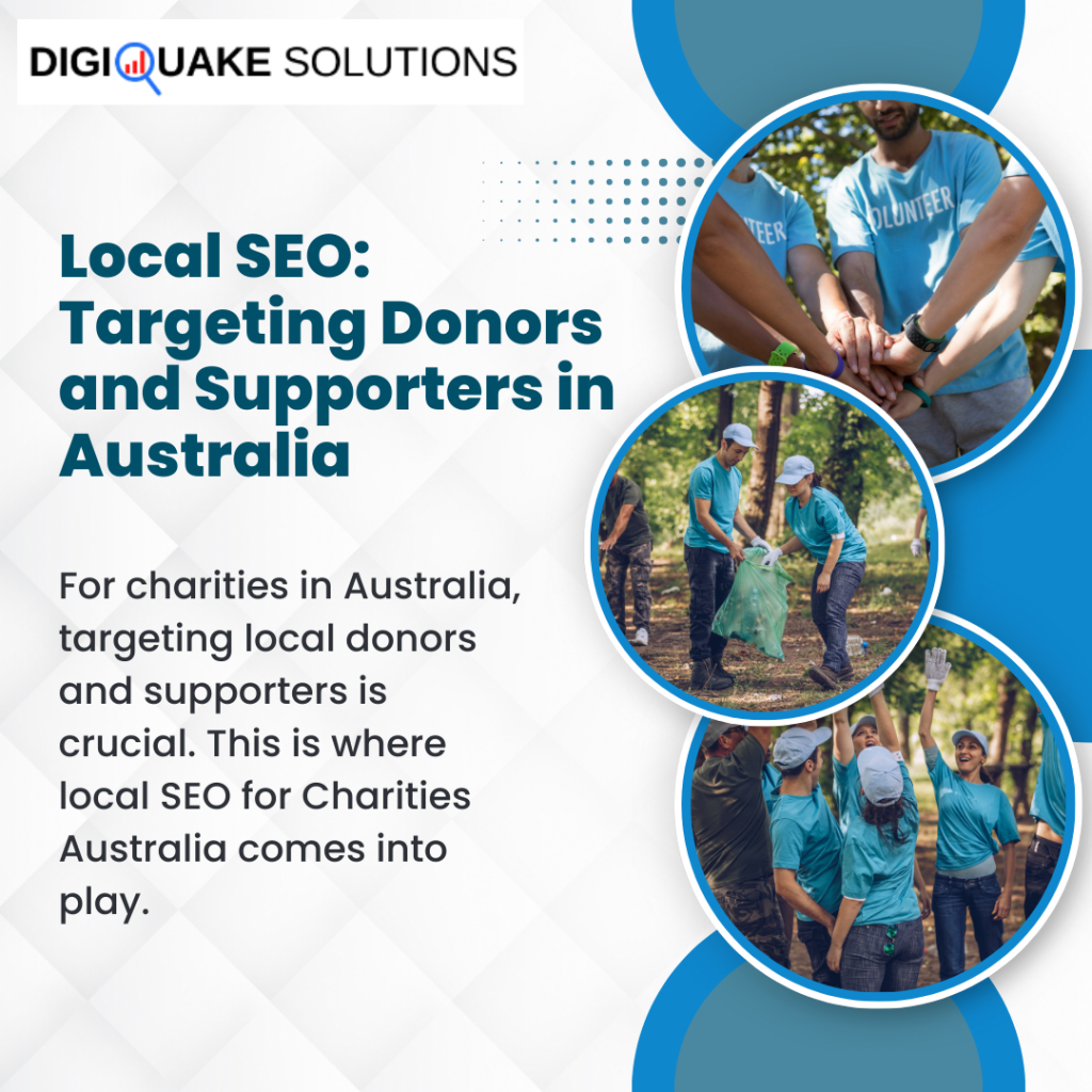 Volunteers participate in outdoor activities, with the title "Local SEO: Targeting Donors and Supporters in Australia" highlighting SEO strategies for Australian charities.