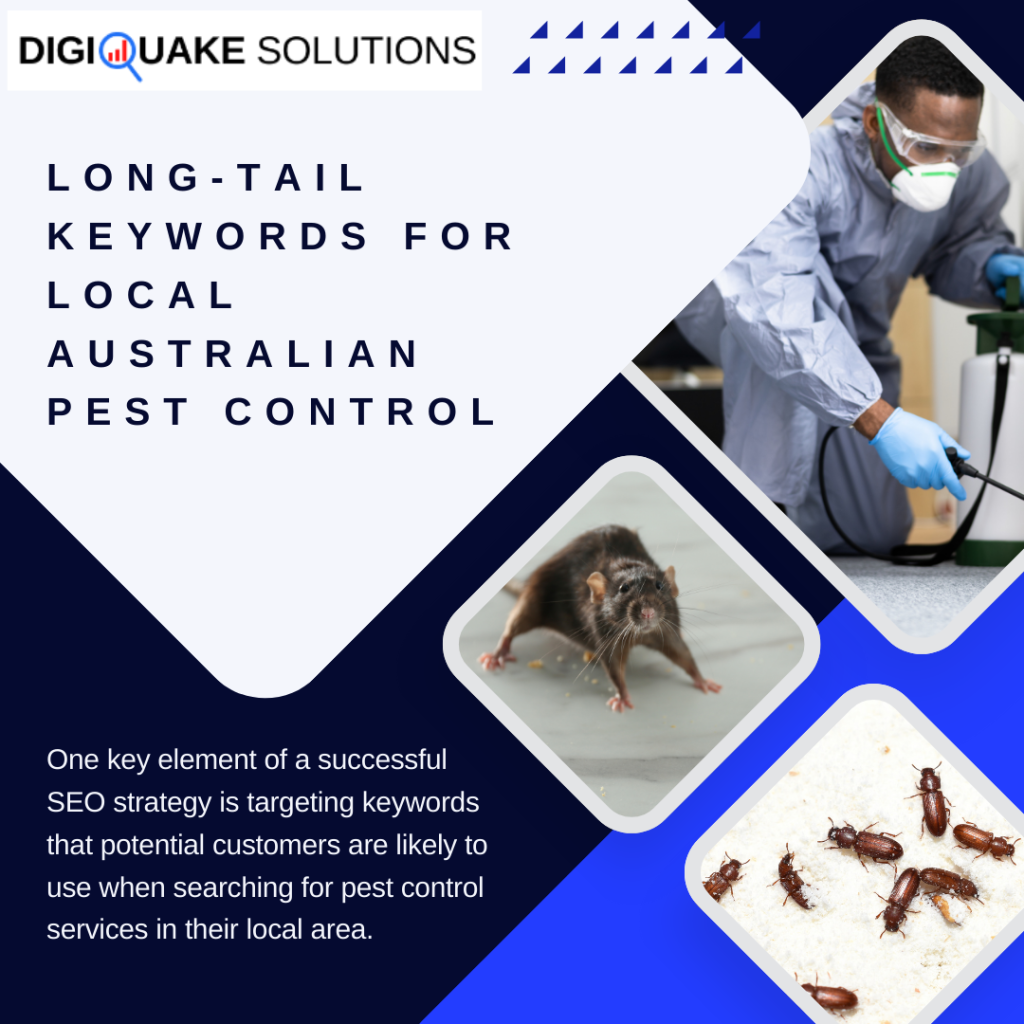 Digital poster by Digiquake Solutions titled "Long-Tail Keywords for Local Australian Pest Control" featuring image.