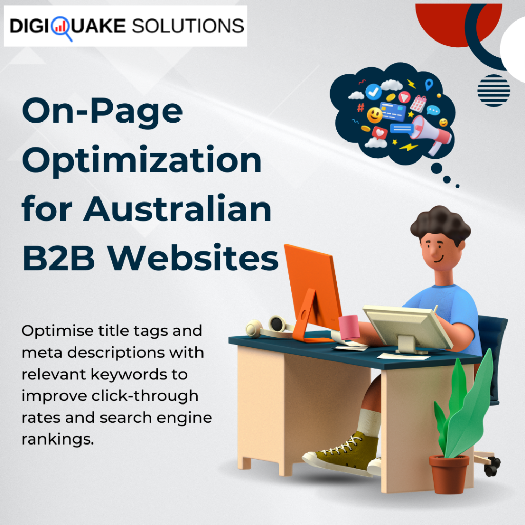 DigiQuake Solutions graphic on on-page optimization for Australian B2B websites.