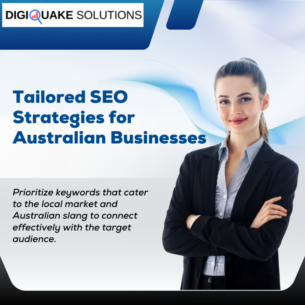 Professional graphic by Digiquake Solutions titled "Tailored SEO Strategies for Australian Businesses," featuring a confident woman in business attire.