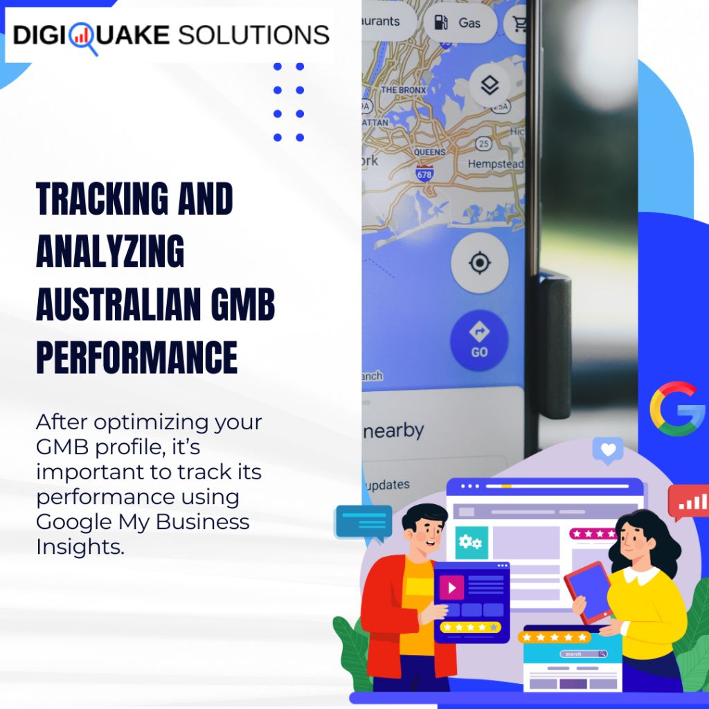 Graphic on tracking and analyzing Australian Google My Business (GMB) performance by DigiQuake Solutions.