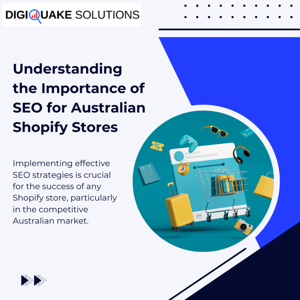 Graphic highlighting the importance of SEO for Australian Shopify stores, featuring an online shopping cart, travel luggage, and various shopping icons.