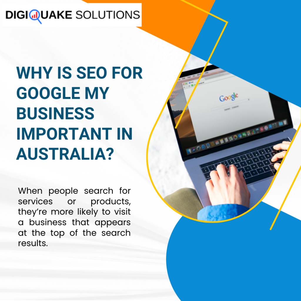 A graphic with the title "Why is SEO for Google My Business Important in Australia?" featuring a person using a laptop with Google search open on the screen.